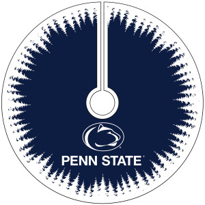 circular navy tree skirt with white trees encircling Athletic Logo and Penn State